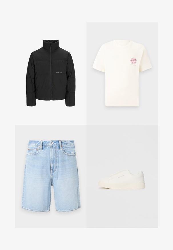 Svart boblejakke med høy krage, frontåpning med glidelås og kviltet design. Glatt stoff med en subtil logo på brystet.; Hvit T-skjorte med korte ermer og rød tekst "Studio Originals Edition" på venstre bryst, vist på en nøytral grå bakgrunn.; Lyseblå denimshorts med klassisk passform, som har et fem-lommers design, frynsete kant og kontraststing.; Hvite slip-on joggesko med teksturert overflate, tykk såle og minimalistisk design. Har merkevarelogo på siden.