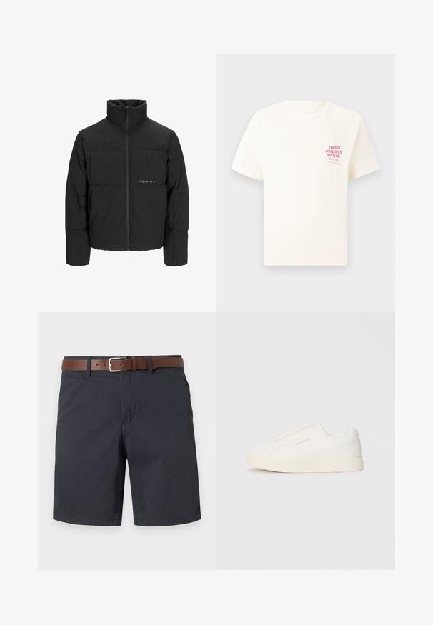 Čierna puffová bunda s vysokým golierom, predným zipsom a prešívaným dizajnom. Hladká tkanina s jemným logom na hrudi.; Biele tričko s krátkym rukávom s červeným textom "Studio Originals Edition" na ľavej hrudi, zobrazené na neutrálnom šedom pozadí.; Tmavomodré šortky z textúrovanej látky, s hnedým koženým opaskom. Klasický strih s dvoma bočnými vreckami a jednoduchým lemom.; Biele slip-on tenisky s textúrovaným povrchom, hrubou podrážkou a minimalistickým dizajnom. Obsahuje logo značky na boku.