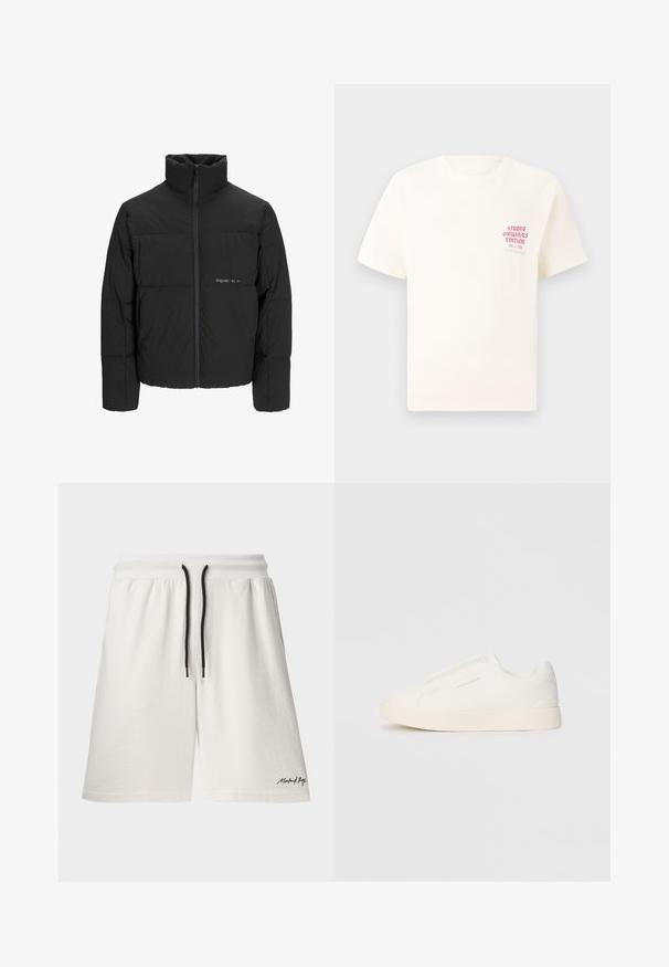 Crna puffer jakna s visokim ovratnikom, prednjim zatvaračem i kviltanim dizajnom. Glatka tkanina s suptilnim logotipom na prsima.; Bijela kratka majica s kratkim rukavima s crvenim natpisom "Studio Originals Edition" na lijevoj strani grudi, prikazana na neutralnoj sivoj pozadini.; Bijele pamučne šortse s pojasom na vezanje i crnim detaljima. Ima bočne džepove i mali logo na rubu. Mekana tekstura.; Bijele slip-on tenisice s teksturiranom površinom, debelim đonom i minimalističkim dizajnom. Sadrže logo branda sa strane.