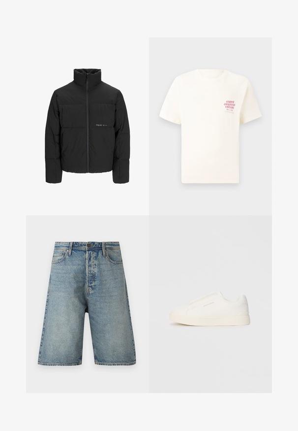 Musta puhvijakku, jossa on korkea kaulus, etuvetoketju ja tikattu muotoilu. Sileä kangas, jossa on hienovarainen logo rinnassa.; Valkoinen lyhythihainen t-paita, jossa on punainen teksti "Studio Originals Edition" vasemmalla rinnalla, esitetty neutraalilla harmaalla taustalla.; Farkkushortsit, joissa on vaaleansininen pesu, viisi taskua ja suora leikkaus. Kestävä kangas, jossa on näkyvät saumat ja nappisuljenta.; Valkoiset liukusukat, joissa on teksturoitu pinta, paksu pohja ja minimalistikot. Sivulla on brändin logo.