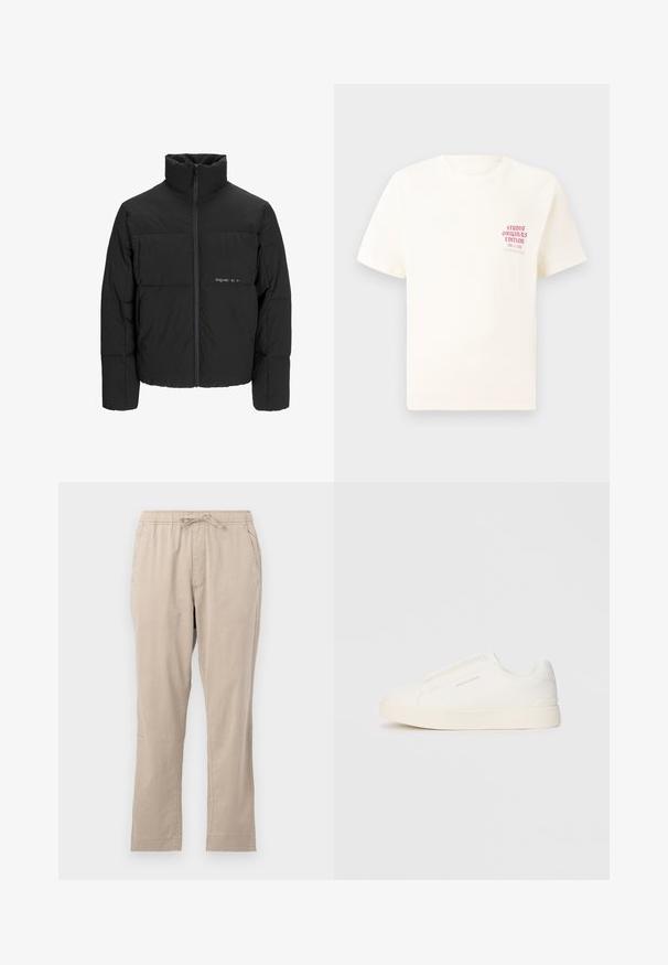 Czarna kurtka puchowa z wysokim kołnierzem, z przodu na zamek błyskawiczny i pikowanym wzorem. Gładki materiał z subtelnym logo na piersi.; Biała koszulka z krótkim rękawem z czerwonym napisem "Studio Originals Edition" po lewej stronie klatki piersiowej, wyeksponowana na neutralnym szarym tle.; Beżowe, lekkie spodnie z elastycznym paskiem w talii, kieszeniami z przodu i sznurkiem do regulacji. Gładka tekstura i prosty krój nogawek.; Białe sneakersy wsuwane z teksturowanej powierzchni, grubą podeszwą i minimalistycznym designem. Zawierają logo marki z boku.