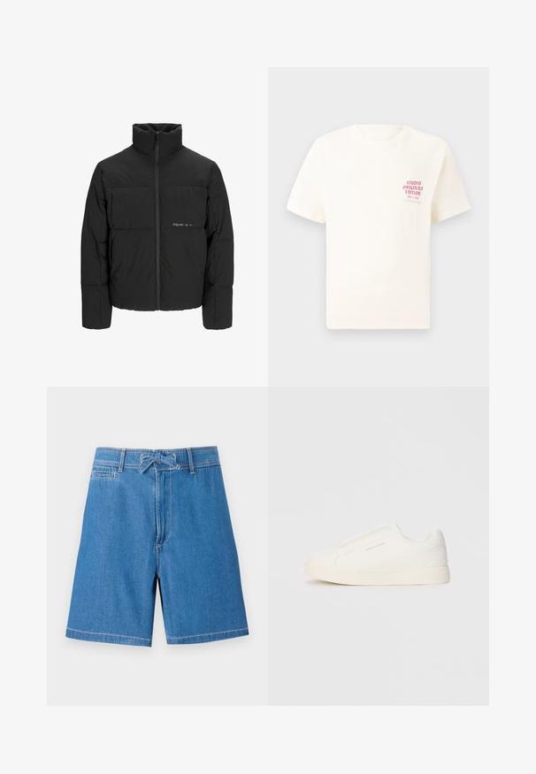 Black puffer jacket featuring a high collar, front zip closure, and quilted design. Smooth fabric with a subtle logo on the chest.; White short-sleeve T-shirt with red text "Studio Originals Edition" on left chest, displayed on a neutral gray background.; Denim shorts in light blue with a drawstring waistband, front pockets, and contrasting stitching. Classic design, knee-length cut.; White slip-on sneakers with a textured surface, a thick sole, and minimalistic design. Features brand logo on the side.