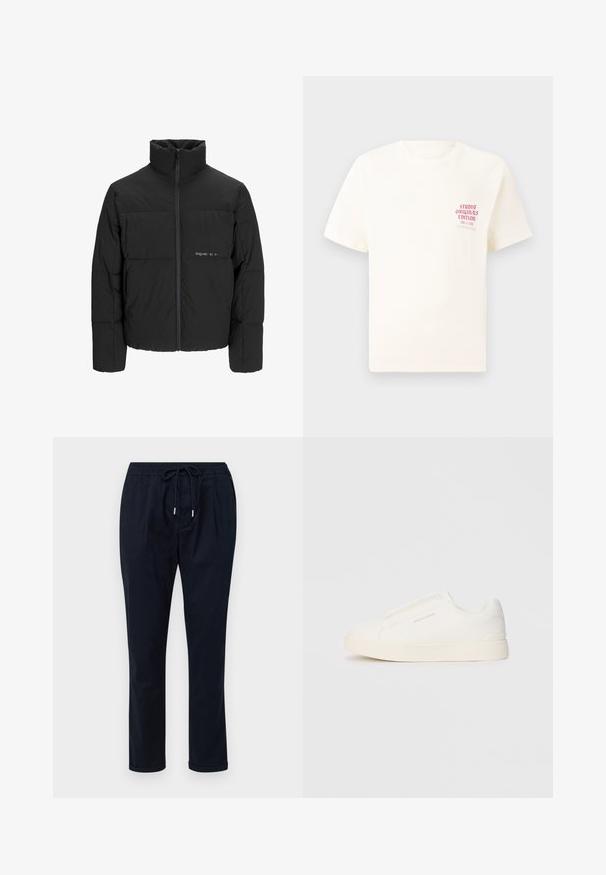 Zwarte pufferjas met een hoge kraag, ritssluiting aan de voorkant en een quilted design. Glad materiaal met een subtiel logo op de borst.; Witte T-shirt met korte mouwen met rode tekst "Studio Originals Edition" op de linker borst, weergegeven op een neutrale grijze achtergrond.; Marineblauwe broek van lichtgewicht stof, met een elastische tailleband met koord, rechte pijpen en opgerolde boorden.; Witte instap sneakers met een gestructureerd oppervlak, een dikke zool en een minimalistisch ontwerp. Bevat het merklogo aan de zijkant.