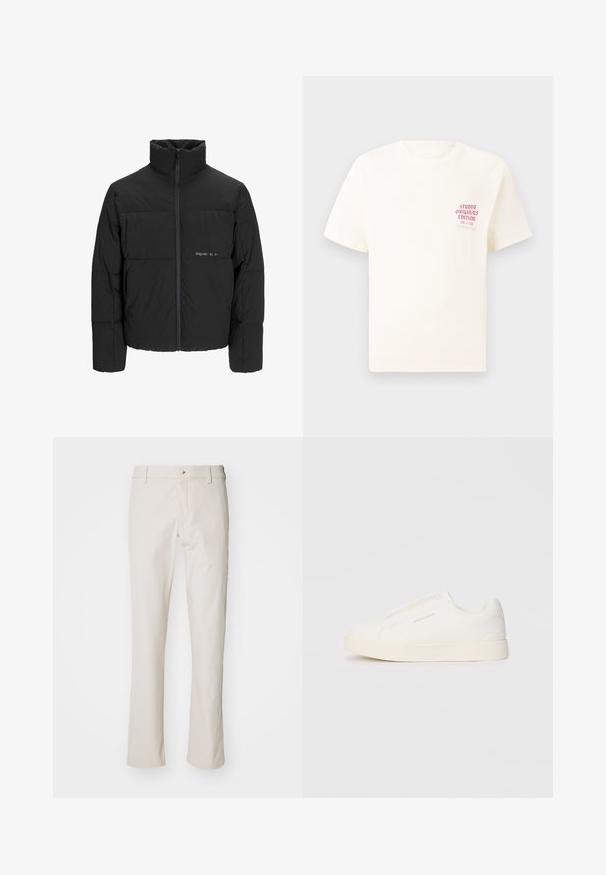 Juodas pūkinis švarkas su aukštu apykakle, priekiniais užtrauktukais ir kvadratinės siuvimo dizainu. Lygus audinys su subtiliu logotipu krūtinėje.; Balta trumpa rankovėmis marškinėliai su raudonu užrašu "Studio Originals Edition" kairiajame krūtinės šone, rodomi neutralioje pilkoje aplinkoje.; DOCKERS GO AIRWEAVE - Chino stiliaus kelnės - sahara khaki; Baltos slip-on sportbačiai su tekstūruota paviršiumi, storesniu padu ir minimalistišku dizainu. Šone matosi prekės ženklo logotipas.