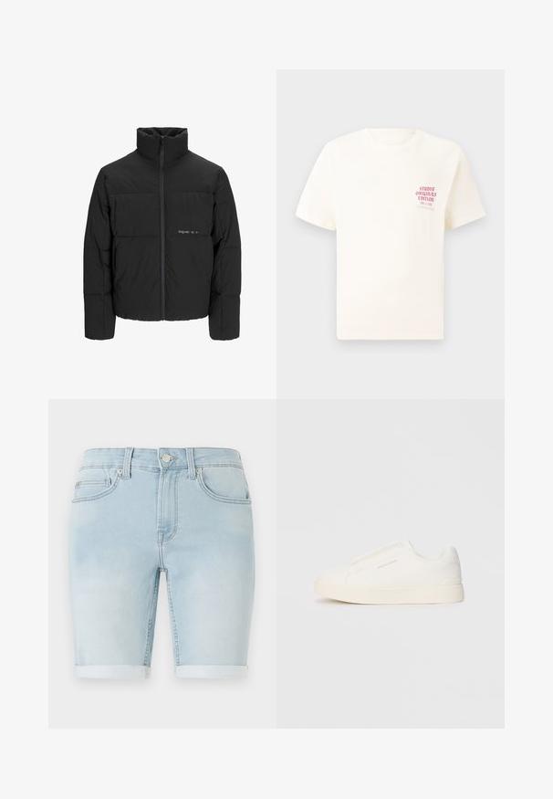 Crna puffer jakna s visokim ovratnikom, prednjim zatvaračem i kviltanim dizajnom. Glatka tkanina s suptilnim logotipom na prsima.; Bijela kratka majica s kratkim rukavima s crvenim natpisom "Studio Originals Edition" na lijevoj strani grudi, prikazana na neutralnoj sivoj pozadini.; Svijetloplavi traper šorts s preklopom na rubu, klasični dizajn s pet džepova i prednjim zatvaranjem na dugme. Glatka tekstura s laganim blijeđenjem.; Bijele slip-on tenisice s teksturiranom površinom, debelim đonom i minimalističkim dizajnom. Sadrže logo branda sa strane.