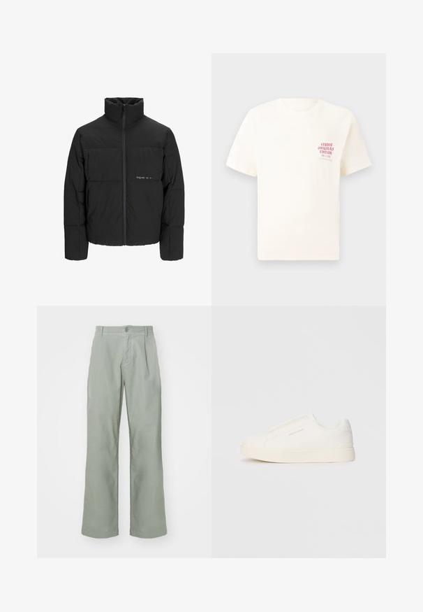 Melnā pūka jaka ar augstu apkakli, priekšējo rāvējslēdzēju un quilted dizainu. Gluda auduma virsma ar maigu logotipu uz krūšu daļas.; Balts īsām piedurknēm T-krekls ar sarkanu tekstu "Studio Originals Edition" uz kreisā krūšu, pakārtots neitrālā pelēkā fonā.; Gaiši zaļas, plaša stila bikses, izgatavotas no mīksta kokvilnas. Izvietotas ar pogu aizdari un priekšējām bārkstīm. Vienkāršs, neizpušķots dizains.; Baltas slip-on sporta apavi ar teksturētu virsmu, biezu zoli un minimālistisku dizainu. Sānos redzams zīmola logotips.