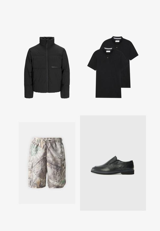 Svart puffjacka med hög krage, främre dragkedjestängning och quiltat mönster. Slätt tyg med en subtil logotyp på bröstet.; Två svarta polo t-shirts, kortärmade, i bomullsmaterial, med en klassisk krage, tvåknappsslutning och vita randiga accenter inuti kragen.; Kamouflage cargoshorts i lätt material, justerbar dragsko i midjan, sidofickor och en blandning av jordnära toner och mönster.; Svart lädersko i slip-on-modell med en slät ovandel, sömnadsdetaljer, rund tå och låg gummihäl. Sulan har minimal mönstring.