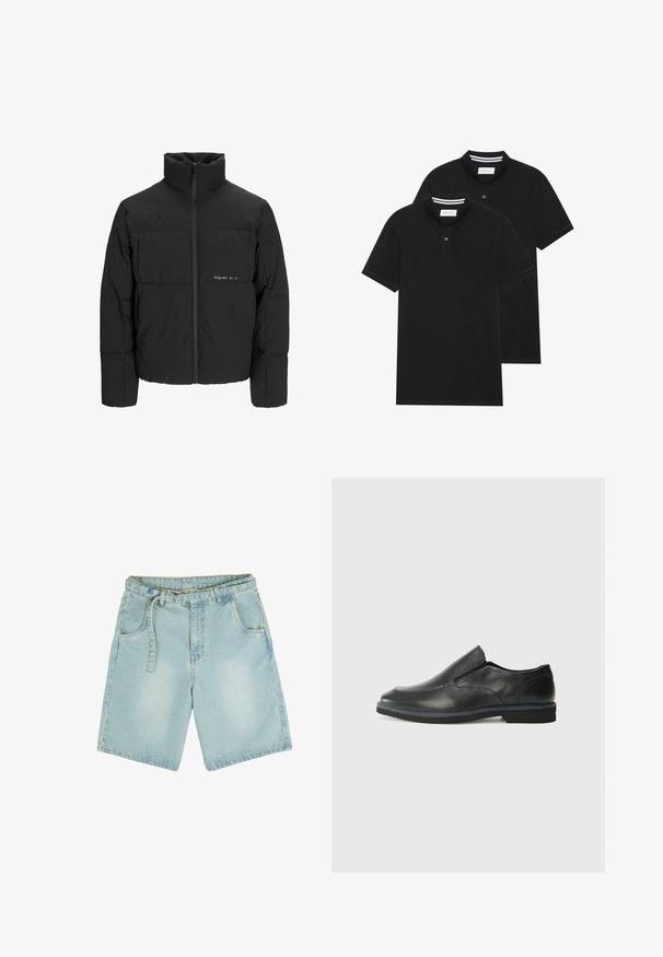 Mustra musta puffer-jakk, millel on kõrge krae, eesne tõmblukku ja tikandiga disain. Sile kangas, millel on rindkeres diskreetne logo.; Kaks musta polo särki, lühikeste varrukatega, puuvillane materjal, klassikalise kraega, kahe nupuga kinnitusega, valgete triipudega krae sisepinnal.; Heled sinised denim lühikesed püksid sirge lõikega, viie tasku, vööklambritega ja pleekinud viimistlusega. Valmistatud vastupidavast puuvillakangast.; Must musta laia suuga king, millel on sile ülemine osa, õmmeldud detailid, ümmargune nina ja madal kummist konts. Tallal on minimaalne mustr.