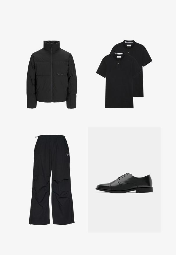 Sort dunjakke med høj krave, frontlynlås og quiltet design. Glat materiale med en diskret logo på brystet.; To sorte polo T-shirts, kortærmede, lavet af bomuldsstof, med en klassisk krave, to-knaps placket og hvide stribede detaljer indeni kraven.; Sort, løstsiddende bukser med elastisk talje, to sidelommer og et diskret broderet logo foran. Letvægtsstof.; Sort læder dress-sko med rund tå, snørebåndsdesign, diskrete syninger og lav hæl. Glat tekstur med poleret finish.