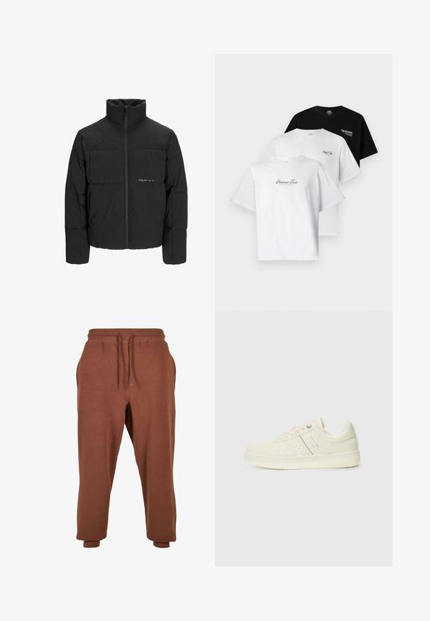 Chaqueta acolchada negra con un alto cuello, cierre frontal de cremallera y diseño acolchado. Tejido suave con un logo sutil en el pecho.; Pack de tres camisetas: una negra y dos blancas. Con mangas cortas y cuello redondo, presentan gráficos de texto en el pecho de colores contrastantes. Material de algodón.; Urban Classics Pantalones deportivos - bark; Zapatilla color crema con detalles perforados, cordones y logotipo en el lateral, exhibida sobre un fondo blanco liso.