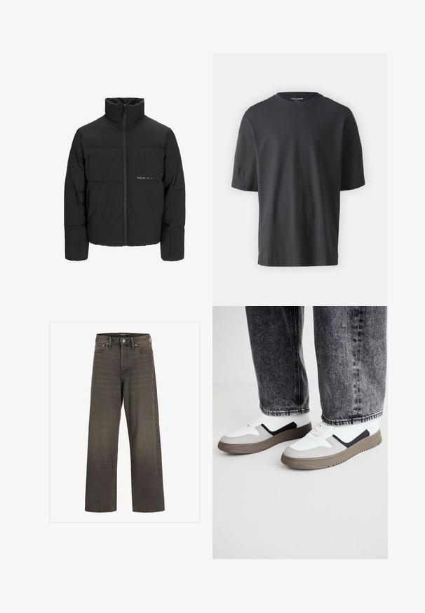 Giubbotto bomber nero con colletto alto, chiusura frontale con zip e design trapuntato. Tessuto liscio con un logo discreto sul petto.; T-shirt nera a maniche corte in cotone, con scollo rotondo e vestibilità rilassata. Non sono visibili motivi o dettagli.; Jeans a gamba larga in denim grigio scuro, con vita alta, design classico a cinque tasche e cuciture a contrasto lungo le cuciture.; Call it Spring FRESHH - Sneakers basse - multi-coloured