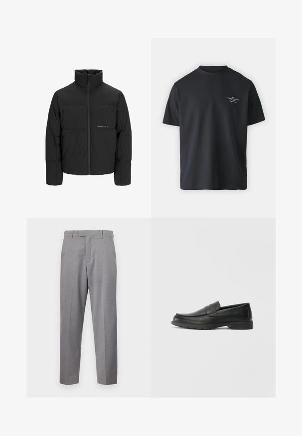 Sort dunjakke med høj krave, frontlynlås og quiltet design. Glat materiale med en diskret logo på brystet.; Sort bomulds t-shirt med rund halsudskæring, korte ærmer og et lille hvidt teksttryk på forsiden, med en afslappet pasform og blød tekstur.; Grå dressbukser lavet af struktureret stof, med lige ben-designet, frontfolder og standard talje med bælteløkker.; Sorte læderslippers med en glat finish, mokkasin-stil overdel, syninger og gummisål. Klassisk design med en lav hæl.