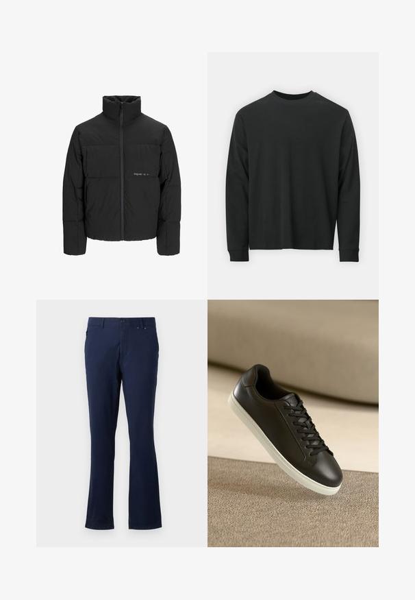 Black puffer jacket featuring a high collar, front zip closure, and quilted design. Smooth fabric with a subtle logo on the chest.; Long-sleeve black T-shirt made of cotton, featuring a round neckline, loose fit, and ribbed cuffs. Smooth texture with no visible patterns.; Navy blue trousers made from lightweight fabric, featuring a straight leg design, front pockets, and a button closure at the waist.; Black leather sneaker with white rubber sole and black laces, positioned against a beige fabric surface and background.