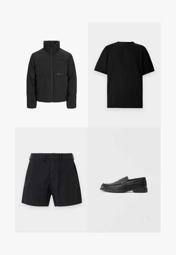 Black puffer jacket featuring a high collar, front zip closure, and quilted design. Smooth fabric with a subtle logo on the chest.; Black short-sleeve T-shirt made from ribbed fabric. Features a round neckline and a relaxed fit with a smooth texture. Back view only.; Black cotton shorts featuring a buttoned waistband, side pockets, and a straight cut design. Smooth texture with a minimal aesthetic.; Black leather loafers with a smooth finish, moccasin-style upper, stitched detailing, and a rubber sole. Classic design with a low heel.