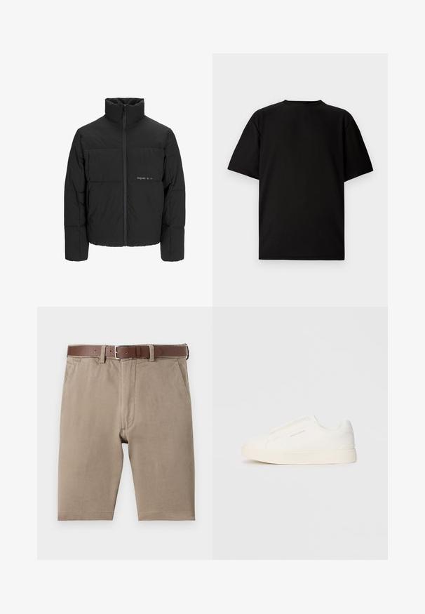 Black puffer jacket featuring a high collar, front zip closure, and quilted design. Smooth fabric with a subtle logo on the chest.; Black short-sleeve T-shirt made from ribbed fabric. Features a round neckline and a relaxed fit with a smooth texture. Back view only.; Tan cotton shorts with a straight cut, featuring a brown leather belt and side pockets, smooth texture with neatly finished hems.; White slip-on sneakers with a textured surface, a thick sole, and minimalistic design. Features brand logo on the side.