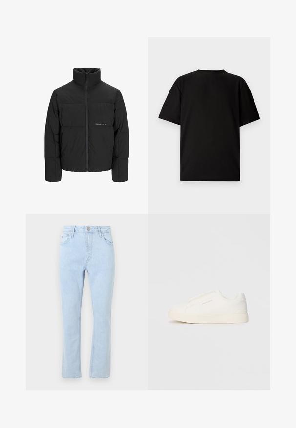Chaqueta acolchada negra con un alto cuello, cierre frontal de cremallera y diseño acolchado. Tejido suave con un logo sutil en el pecho.; Camiseta negra de manga corta hecha de tela acanalada. Presenta un cuello redondo y un corte relajado con una textura suave. Vista trasera únicamente.; Vaqueros de mezclilla azul claro con un diseño de pierna recta, cinco bolsillos, textura desgastada y un cierre de botón metálico en la cintura.; Zapatillas blancas tipo slip-on con una superficie texturizada, suela gruesa y diseño minimalista. Presenta el logo de la marca en un lado.
