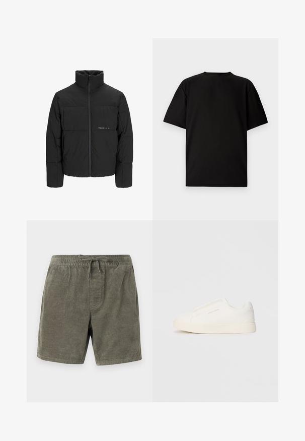 Black puffer jacket featuring a high collar, front zip closure, and quilted design. Smooth fabric with a subtle logo on the chest.; Black short-sleeve T-shirt made from ribbed fabric. Features a round neckline and a relaxed fit with a smooth texture. Back view only.; Corduroy shorts in olive green, featuring an elastic waistband with drawstring, textured vertical ribs, and side pockets.; White slip-on sneakers with a textured surface, a thick sole, and minimalistic design. Features brand logo on the side.