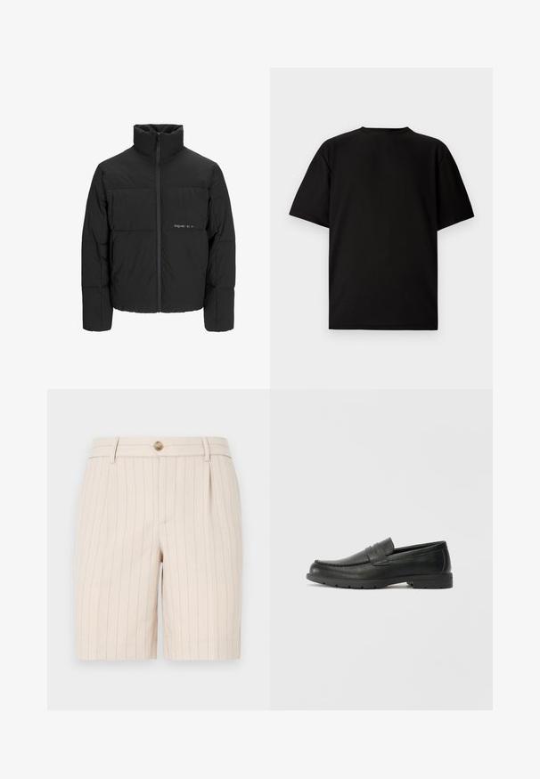 Black puffer jacket featuring a high collar, front zip closure, and quilted design. Smooth fabric with a subtle logo on the chest.; Black short-sleeve T-shirt made from ribbed fabric. Features a round neckline and a relaxed fit with a smooth texture. Back view only.; Beige shorts made of a lightweight fabric, featuring a pinstripe pattern, a front button closure, and side pockets.; Black leather loafers with a smooth finish, moccasin-style upper, stitched detailing, and a rubber sole. Classic design with a low heel.