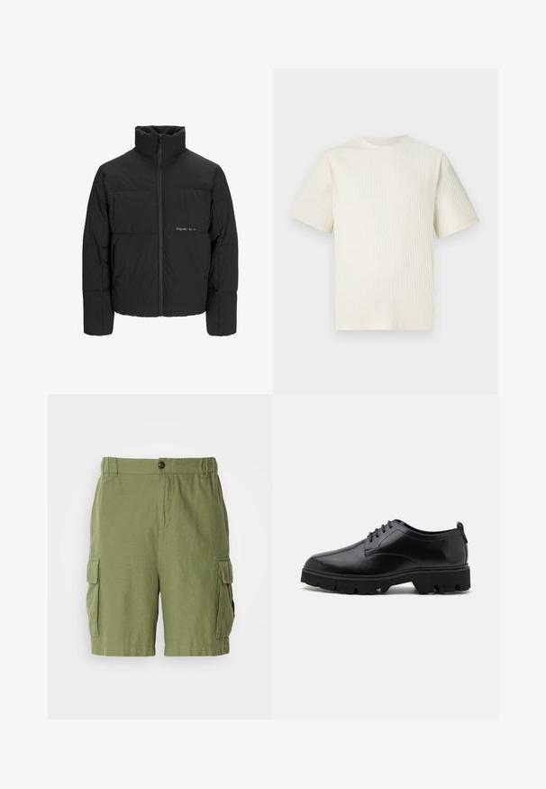 Czarna kurtka puchowa z wysokim kołnierzem, z przodu na zamek błyskawiczny i pikowanym wzorem. Gładki materiał z subtelnym logo na piersi.; Jasno beżowy, prążkowany t-shirt z krótkim rękawem i okrągłym dekoltem, wyeksponowany na jednolitym białym tle.; Zielone szorty cargo o luźnym kroju, wykonane z lekkiego materiału. Posiadają boczne kieszenie oraz zapięcie na guziki z przodu.; Czarne skórzane buty o gładkim wykończeniu, z zapięciem na sznurówki oraz grubą, solidną gumową podeszwą z głębokim bieżnikiem zapewniającym przyczepność.