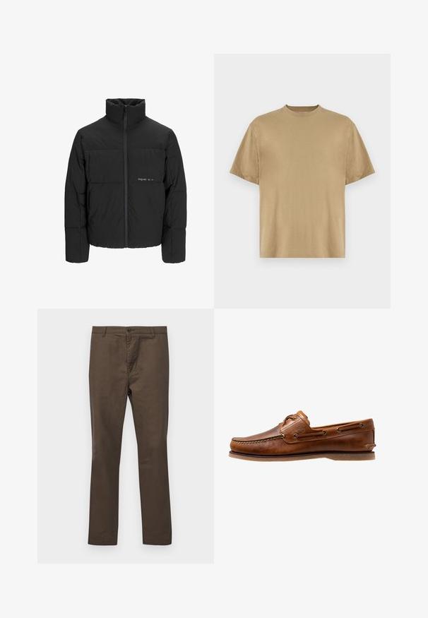 Mustra musta puffer-jakk, millel on kõrge krae, eesne tõmblukku ja tikandiga disain. Sile kangas, millel on rindkeres diskreetne logo.; Khaki lühikeste varrukatega T-särk, mis on valmistatud pehmest kangast, ümara kaelusega ja mugava lõikega. Mustreid ega graafikat pole.; Pruuni puuvillased püksid sirge säärega, nööpide sulgemise ja vöökonksudega, sileda tekstuuriga ilma mustrite või aktsentideta.; Pruuni nahast paadijalats, millel on tikitud aktsendid, metallsilmadega, tõstetud õmblus varvaste kohal ja lamedast kummist talla.