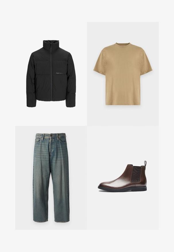 Mustra musta puffer-jakk, millel on kõrge krae, eesne tõmblukku ja tikandiga disain. Sile kangas, millel on rindkeres diskreetne logo.; Khaki lühikeste varrukatega T-särk, mis on valmistatud pehmest kangast, ümara kaelusega ja mugava lõikega. Mustreid ega graafikat pole.; Heledad sinine denim-stiilis teksad, volüümse lõike, keskmise kõrgusega talje ja sirgete säärega. Omab viit taskut, vöökumme ja nööpide sulgemist.; Zign LEATHER - Klassikalised poolsaapad - brown