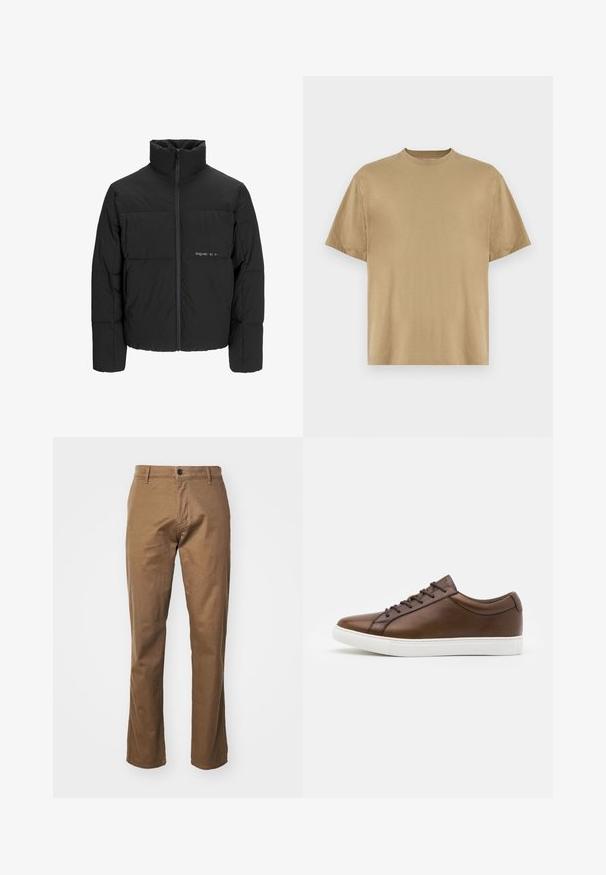 Zwarte pufferjas met een hoge kraag, ritssluiting aan de voorkant en een quilted design. Glad materiaal met een subtiel logo op de borst.; Khaki T-shirt met korte mouwen, gemaakt van zachte stof, met een ronde hals en een losse pasvorm. Geen patronen of graphics zichtbaar.; DOCKERS ORIGINAL SLIM - Chino - cub; Bruine leren sneakers met een ronde neus, witte rubberen zool en vijf veterogen. Heeft subtiele branding op de hiel.