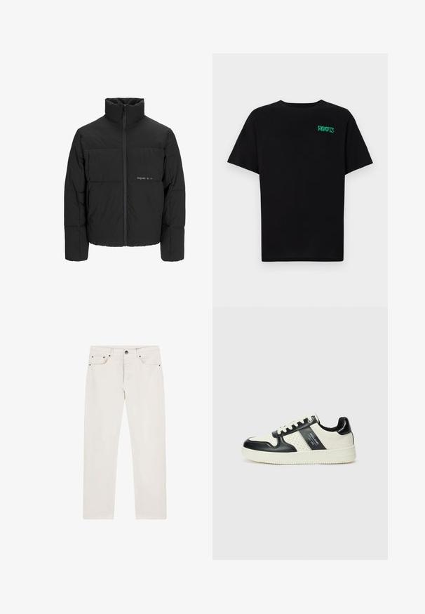 Giubbotto bomber nero con colletto alto, chiusura frontale con zip e design trapuntato. Tessuto liscio con un logo discreto sul petto.; T-shirt nera in cotone con maniche corte. Presenta un logo verde "ROOTS" sulla parte frontale, colletto rotondo e vestibilità standard.; Un paio di jeans denim bianco sporco con taglio dritto, cinque tasche e dettagli in metallo nero sulla parte frontale. Texture liscia.; Sneakers in pelle con una combinazione di colori nero e crema, dotati di dettagli perforati, collare imbottito e suola testurizzata.