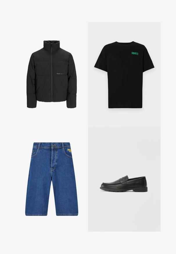 Fekete puff dzseki magas gallérral, elülső cipzárral és steppelt kialakítással. Simaságú anyag, finom logóval a mellkason.; Fekete, pamutból készült póló rövid ujjakkal. Elöl zöld "ROOTS" logóval, kerek nyakkivágással és normál szabással.; Sötétkék farmer rövidnadrág laza fazonnal, standard öt zsebes dizájnnal, sárga logó részlettel és kontrasztos varrással.; Fekete bőr mokaszinok sima felülettel, a mokaszin stílusú felsőrésszel, varrott részletezéssel és gumitalppal. Klasszikus dizájn alacsony sarokkal.