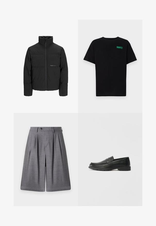 Svart boblejakke med høy krage, frontåpning med glidelås og kviltet design. Glatt stoff med en subtil logo på brystet.; svart t-skjorte laget av bomull med korte ermer. Har et grønt "ROOTS"-logo på forsiden, rund halsutringning og standard passform.; Grå skreddersydde shorts laget av glatt stoff, med folder, knappeåpning og en skarp midje for en strukturet passform.; Svart skinnloafers med glatt finish, mokkasin-stil overdel, broderte detaljer og gummisåle. Klassisk design med lav hæl.