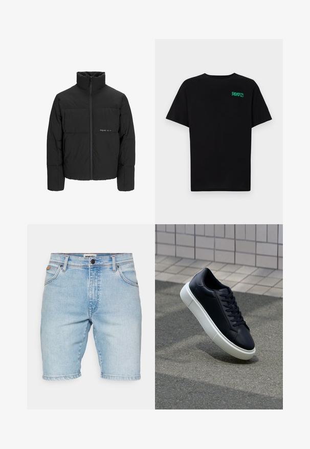 Musta puhvijakku, jossa on korkea kaulus, etuvetoketju ja tikattu muotoilu. Sileä kangas, jossa on hienovarainen logo rinnassa.; Mustat t-paidat, jotka on valmistettu puuvillasta ja joissa on lyhyet hihat. Edessä vihreä "ROOTS"-logo, pyöreä kaula-aukko ja normaali istuvuus.; Wrangler TEXAS - Farkkushortsit - clever; Mustat nahkakengät, joissa on pyöristetty kärki ja valkoinen kumipohja. Varusteena litteät nauhat ja minimaalinen ommel ylhäällä. Teksturoitu pohja pitävyyden lisäämiseksi.