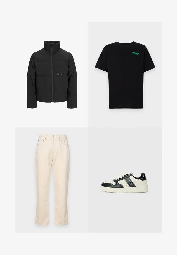 Černá péřová bunda s vysokým límcem, předním zipem a prošívaným designem. Hladká tkanina se subtilním logem na hrudi.; Černé tričko vyrobené z bavlny s krátkým rukávem. Na přední straně se nachází zelené logo "ROOTS", kulatý výstřih a standardní střih.; Béžové bavlněné kalhoty se střihem rovného nohavice. Obsahují zipový přední zapínání, pět kapes a jemné detaily šití. Texturovaný povrch látky.; Kožené tenisky s černobílou barevnou kombinací, které mají perforované detaily, polstrovaný límec a texturovanou podrážku.