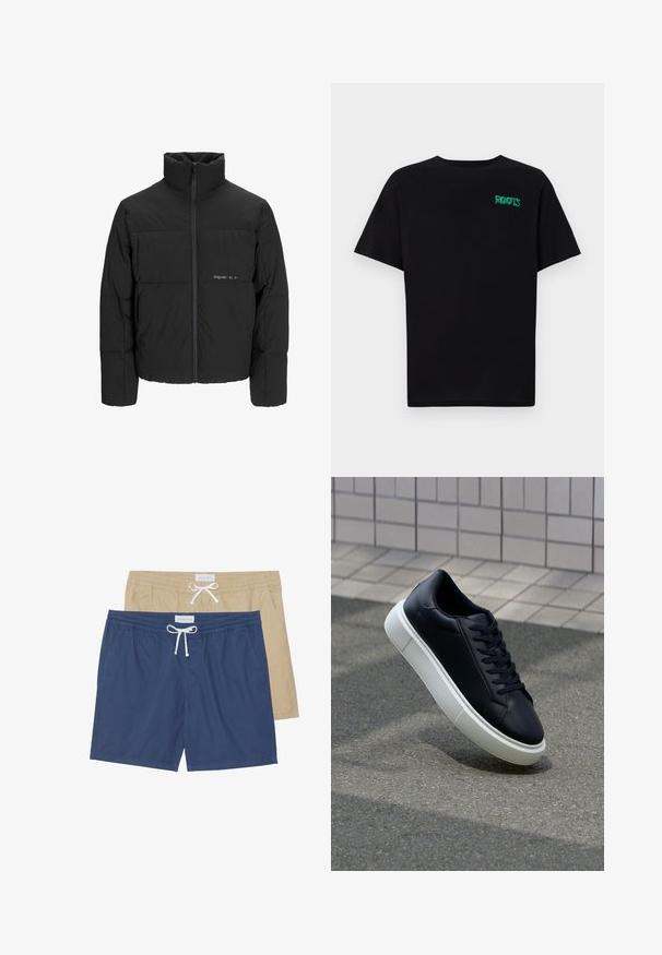 Svart puffjacka med hög krage, främre dragkedjestängning och quiltat mönster. Slätt tyg med en subtil logotyp på bröstet.; Svart t-shirt i bomull med korta ärmar. Har en grön "ROOTS" logotyp på framsidan, rund halsringning och standard passform.; Två par badshorts: ett par i marinblå och ett par i kaki, med elastiska midjeband, snörningsdetaljer och sidofickor.; Svart lädersneaker med rundad tå och vit gummisula. Har platta snören och minimal sömnad på ovansidan. Texturerad sula för grepp.