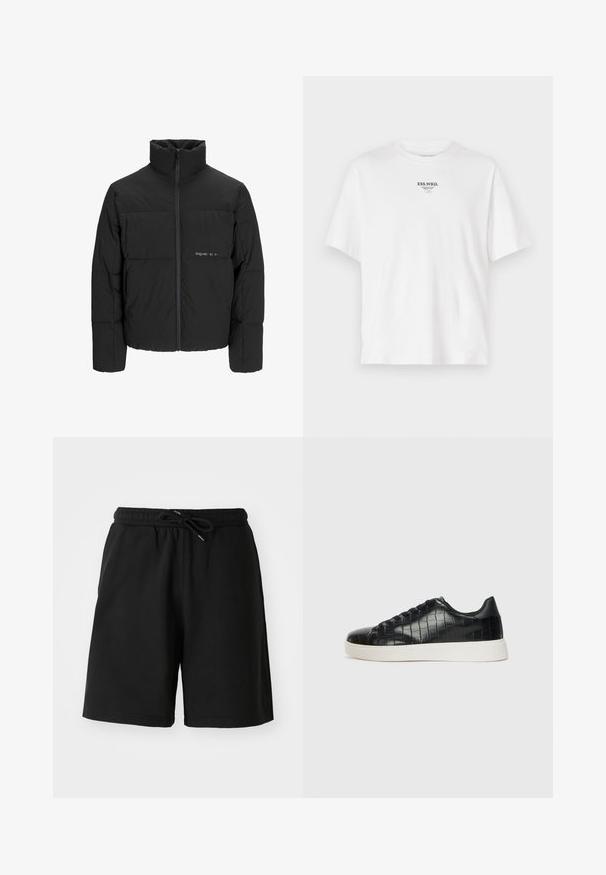 Mustra musta puffer-jakk, millel on kõrge krae, eesne tõmblukku ja tikandiga disain. Sile kangas, millel on rindkeres diskreetne logo.; Valge puuvillane t-särkk, ümar kaelus, lühikesed varrukad ja trükitud logo rinnal, millel on kirjas "ESS.WRD.". Minim алдdisain.; Mustadest puuvillast lühikesed püksid elastse vöökoha, nöörkinnise ja küljetaskutega. Sile tekstuur, põlvini ulatuv disain.; Mustad mustad mustad kroko-reljeefiga nahast ülemine osa, ümar varvas ja kontrastne valge kummitald, millel on sile viimistlus.