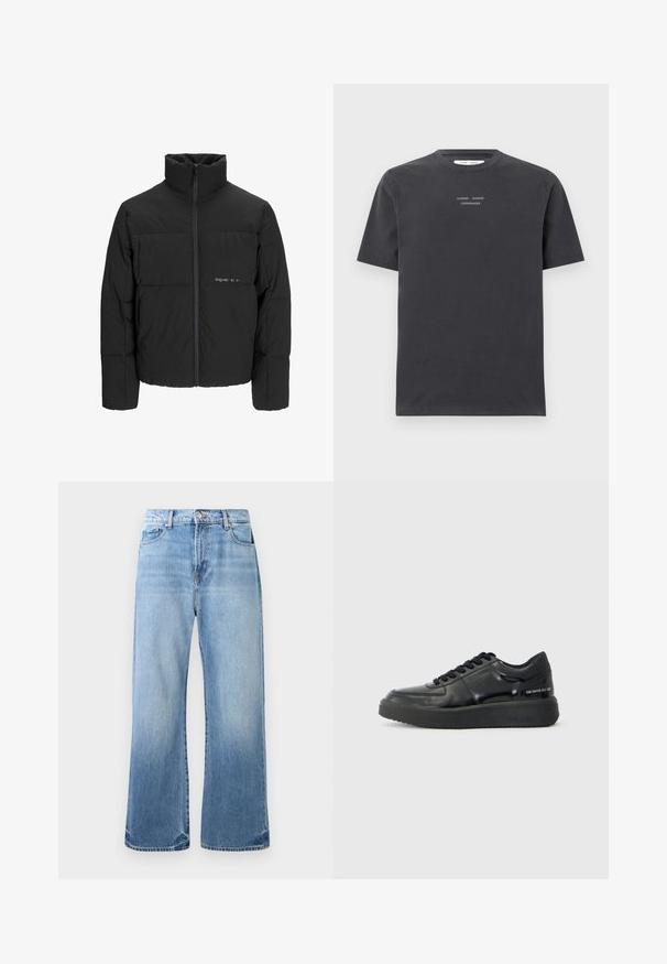 Čierna puffová bunda s vysokým golierom, predným zipsom a prešívaným dizajnom. Hladká tkanina s jemným logom na hrudi.; Tmavošedé bavlnené tričko s krátkymi rukávmi a okrúhlym výstrihom, na hrudi s bielym vyšitým textom "SAMSØE SAMSØE COPENHAGEN".; Svetlo modré denimové nohavice s priamym strihom, bledým vzhľadom, päť vreciek a kontrastným stehom. Detaily na poškodených koncoch.; Čierne kožené tenisky s hladkým povrchom, okrúhlou špičkou a kontrastnou čiernou gumovou podrážkou. Majú ploché šnúrky a branding na boku.