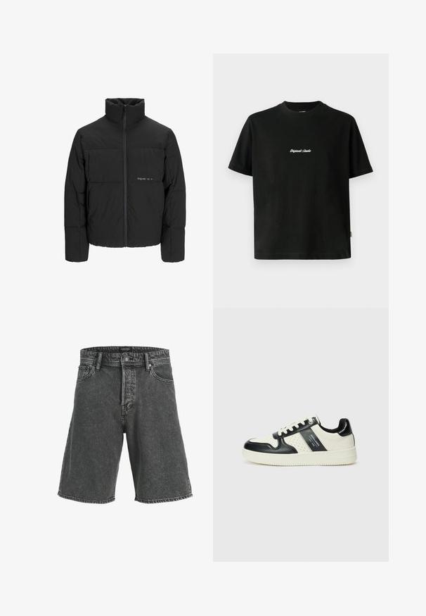 Crna puffer jakna s visokim ovratnikom, prednjim zatvaračem i kviltanim dizajnom. Glatka tkanina s suptilnim logotipom na prsima.; Crna pamučna majica sa kratkim rukavima, sa bijelim izvezenim natpisom "Original Studio" na prsima i okruglim izrezom.; Crne traper kratke hlače s ležernim krojem, koje imaju zakopčavanje na gumb, dva prednja džepa i suptilan izblijedjeli uzorak. Klasični dizajn s pet džepova.; Kožne tenisice s crno-bijelom paletom boja, koje imaju perforirane akcentne detalje, podstavljeni ovratnik i teksturiranu potplat.