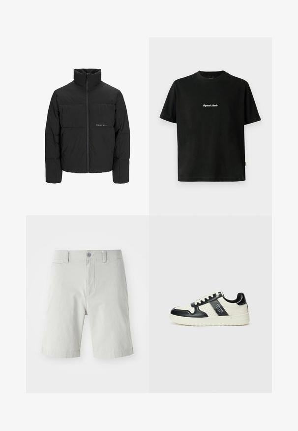 Musta puhvijakku, jossa on korkea kaulus, etuvetoketju ja tikattu muotoilu. Sileä kangas, jossa on hienovarainen logo rinnassa.; Musta puuvillainen t-paita lyhyillä hihoilla, jossa on valkoinen brodeerattu "Original Studio" -teksti rinnan kohdalla ja pyöreä pääntie.; Vaaleanharmaan pehmeästä kankaasta valmistettu shortsit, joissa on nappikiinnitys, sivutaskut ja siisti, räätälöity muotoilu. Pituus ulottuu reiden keskilinjaan.; Nahkakengät musta-kerma värimaailmassa, joissa on rei'itetyt yksityiskohdat, pehmustettu nilkkaosa ja teksturoitu pohja.