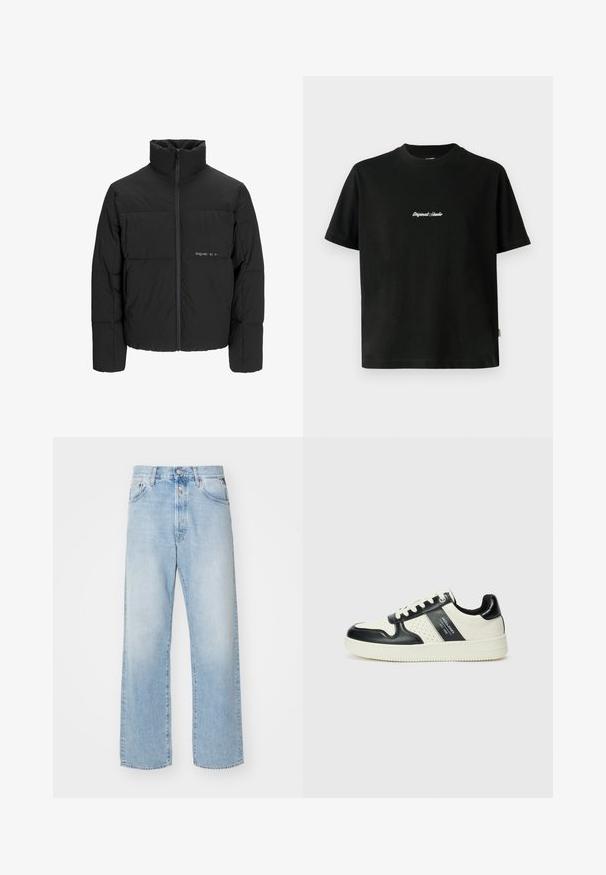 Musta puhvijakku, jossa on korkea kaulus, etuvetoketju ja tikattu muotoilu. Sileä kangas, jossa on hienovarainen logo rinnassa.; Musta puuvillainen t-paita lyhyillä hihoilla, jossa on valkoinen brodeerattu "Original Studio" -teksti rinnan kohdalla ja pyöreä pääntie.; Vaaleansiniset farkut, joissa on väljä istuvuus, korkeavyötäröinen muotoilu, viisi taskua ja suora lahje. Haalistunut pinta näkyvissä.; Nahkakengät musta-kerma värimaailmassa, joissa on rei'itetyt yksityiskohdat, pehmustettu nilkkaosa ja teksturoitu pohja.