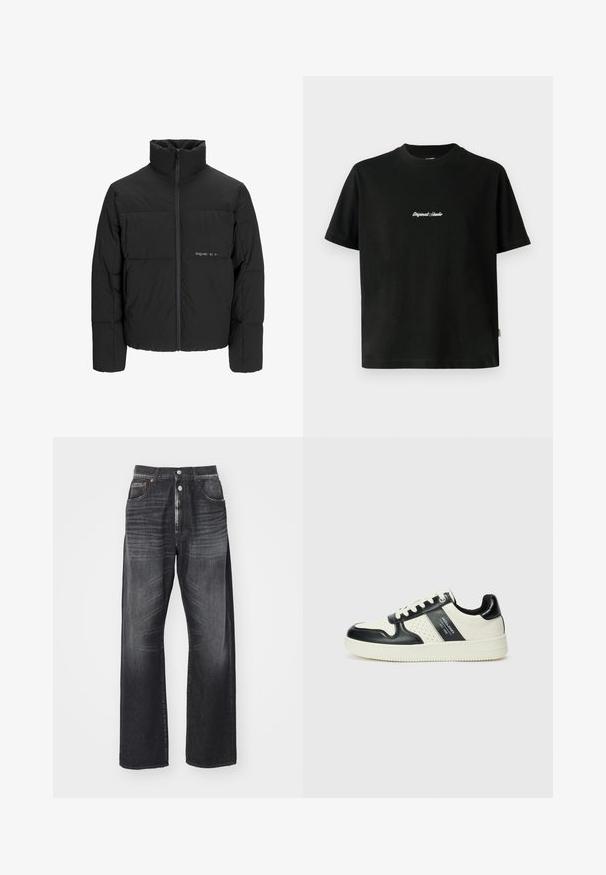Mustra musta puffer-jakk, millel on kõrge krae, eesne tõmblukku ja tikandiga disain. Sile kangas, millel on rindkeres diskreetne logo.; Must värvi puuvillane T-särk lühikeste varrukatega, millel on rinnal valge tikitud "Original Studio" tekst ja ümar kaelus.; Tume pesu laiade jalgadega teksad, mis on valmistatud denimist, omavad nööbiga sulgemist, viie tasku disaini ja õrna pleekimist kangal.; Nahatud nahkkingad musta ja kreemi värviskeemiga, millel on perforeeritud aktsendid, pehme krae ja tekstureeritud tallad.