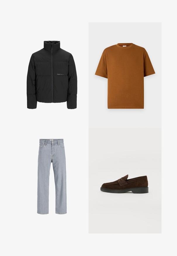 Zwarte pufferjas met een hoge kraag, ritssluiting aan de voorkant en een quilted design. Glad materiaal met een subtiel logo op de borst.; Bruin t-shirt met korte mouwen, gemaakt van zachte stof, met een ronde halslijn en een ontspannen pasvorm met rechte onderrand. Geen zichtbare patronen of accenten.; Lichtblauwe denim jeans met een relaxed fit, rechte pijpen, zichtbare stiksels, twee voorzakken en een knoopsluiting.; Bruine suède instappers met een ronde neus en stevige zwarte rubberen zool. Beschikt over een decoratieve band en stiksel op de bovenkant.