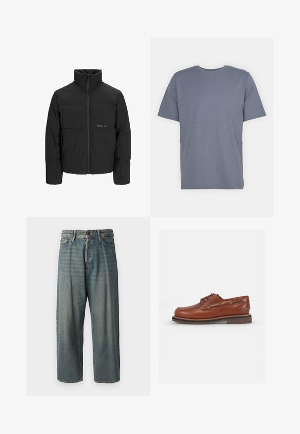 Černá péřová bunda s vysokým límcem, předním zipem a prošívaným designem. Hladká tkanina se subtilním logem na hrudi.; Šedé tričko s krátkým rukávem a kulatým výstřihem, vyrobené z měkké bavlněné směsi. Jednoduchý design, bez vzorů nebo akcentů.; Světle modré denimové džíny s volným střihem, středně vysokým pasem a rovnými nohavicemi. Obsahují pět kapes, poutka na opasek a zapínání na knoflík.; Hnědé kožené lodní boty s kulatou špičkou, šněrováním a kovovými očky. Texturovaná podrážka pro lepší přilnavost. Klasický, ležérní styl.