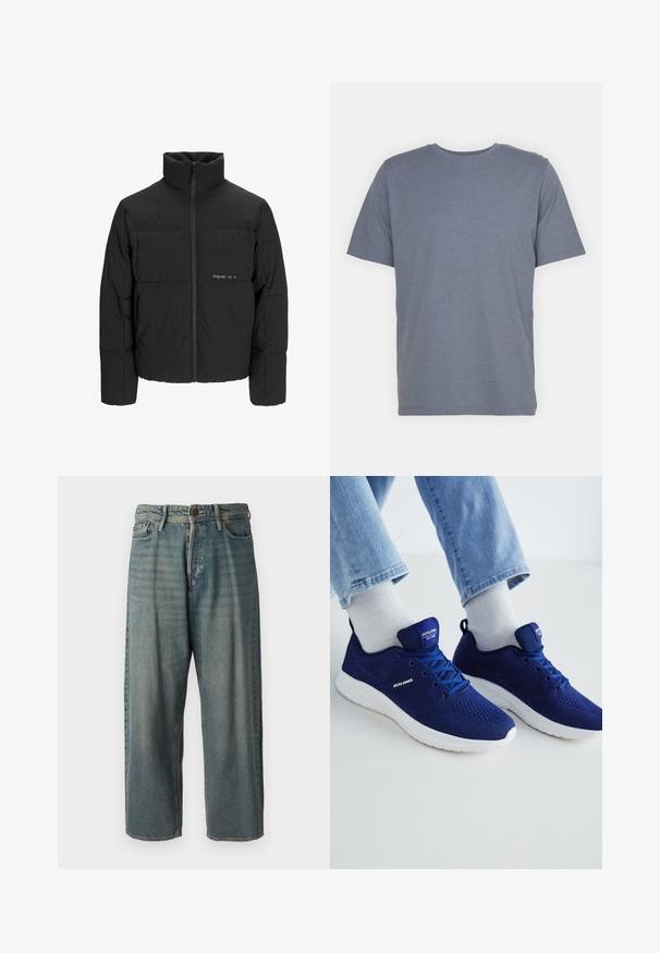 Black puffer jacket featuring a high collar, front zip closure, and quilted design. Smooth fabric with a subtle logo on the chest.; Gray short-sleeve T-shirt with a round neck, made of soft cotton blend fabric. Simple design, no patterns or accents.; Light blue denim jeans with a loose fit, mid-rise waist, and straight legs. Features five pockets, belt loops, and a button closure.; Jack & Jones JFWCROXLEY - Trainers - medieval blue