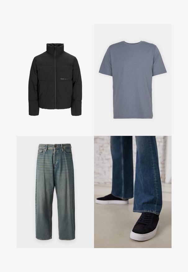 Fekete puff dzseki magas gallérral, elülső cipzárral és steppelt kialakítással. Simaságú anyag, finom logóval a mellkason.; Szürke, rövid ujjú póló, kerek nyakkal, puha pamut keverékből készült. Egyszerű dizájn, minta vagy díszítés nélkül.; Világoskék farmernadrág, laza fazonnal, közepes derékbőséggel és egyenes szárral. Öt zsebet, övbucskát és gombos záródást tartalmaz.; Sötétkék velúr sportcipők fehér gumitalppal és fűzőkkel, széles szárú farmernadrággal, közepes kék mosással párosítva.