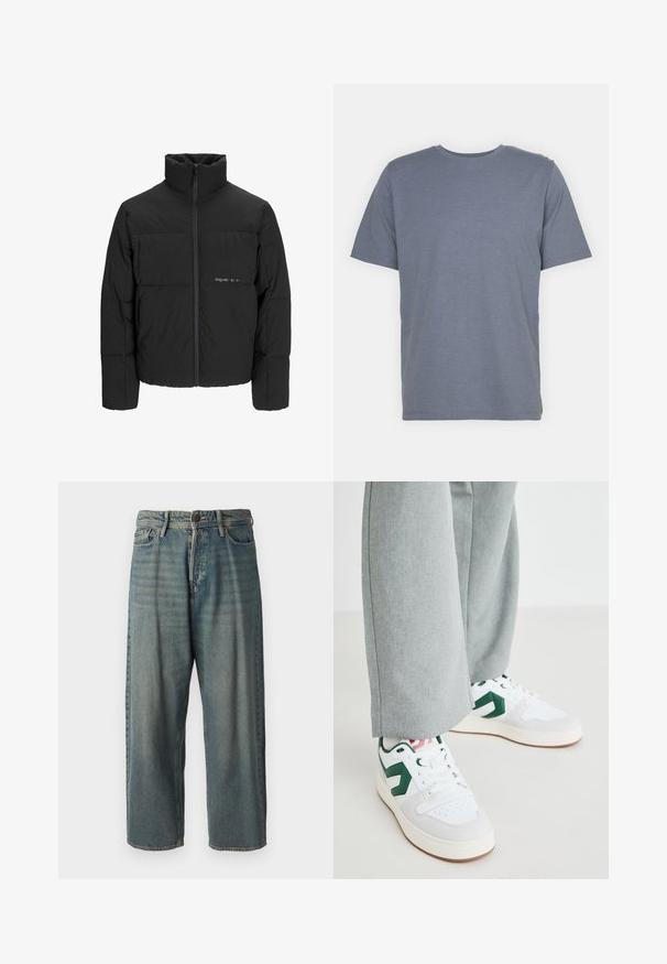 Černá péřová bunda s vysokým límcem, předním zipem a prošívaným designem. Hladká tkanina se subtilním logem na hrudi.; Šedé tričko s krátkým rukávem a kulatým výstřihem, vyrobené z měkké bavlněné směsi. Jednoduchý design, bez vzorů nebo akcentů.; Světle modré denimové džíny s volným střihem, středně vysokým pasem a rovnými nohavicemi. Obsahují pět kapes, poutka na opasek a zapínání na knoflík.; Bílé a zelené tenisky vyrobené z hladké kůže a semiše, s výrazným zeleným logem a bílými tkaničkami. Šedé kalhoty částečně viditelné.