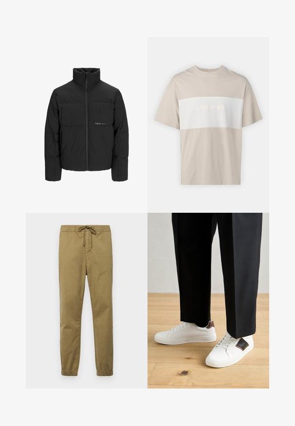 Melnā pūka jaka ar augstu apkakli, priekšējo rāvējslēdzēju un quilted dizainu. Gluda auduma virsma ar maigu logotipu uz krūšu daļas.; Bēšas kokvilnas t-krekls ar baltu horizontālu paneļu, kurā ir uzraksts "JACK & JONES ESSENTIALS WORLDWIDE" reljefā drukā. Īsas piedurknes.; Gaišs khaki krāsas jogger bikses ar elastīgu jostu, regulējamu auklu, sašaurinātām kājām un elastīgiem kakliem. Gluda, elpojoša auduma.; Baltā pārsoļa apavi ar gludu tekstūru, papildināti ar brūniem ādas akcentiem un melniem elementiem, savienoti ar melnām pielāgotām biksēm. Koka grīdas fons.