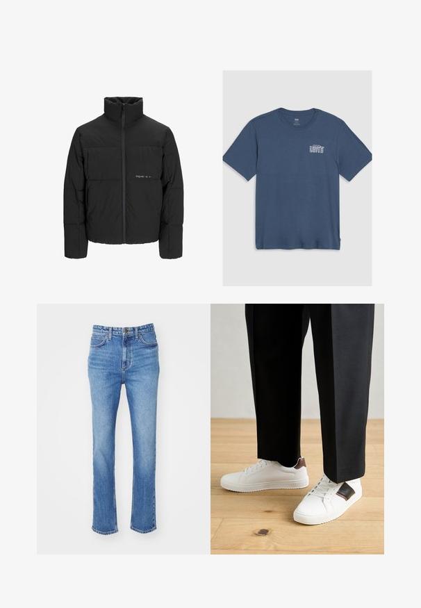 Mustra musta puffer-jakk, millel on kõrge krae, eesne tõmblukku ja tikandiga disain. Sile kangas, millel on rindkeres diskreetne logo.; Sinine puuvillane T-särk, millel on ümmargune kaelus ja lühikesed varrukad. Vasakul rindkere piirkonnas on trükitud valge "Levi's" logo. Lihtne disain.; Heledad sinine denimist püksid sirge sääre disainiga, kerged kulumisjäljed, viis taskut, vöödega aasad ja lukuga sulgemine.; Valged sneakersid siledat tekstuurist, millel on pruunad nahast detailid ja mustad aksessuaarid, millele on sobitatud mustad kohandatud püksid. Puitpõranda taust.