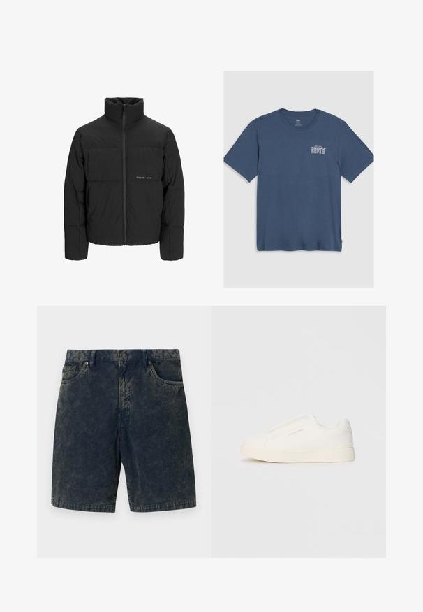 Chaqueta acolchada negra con un alto cuello, cierre frontal de cremallera y diseño acolchado. Tejido suave con un logo sutil en el pecho.; Camiseta de algodón azul con cuello redondo y mangas cortas. Un logo blanco de "Levi's" está impreso en el área del pecho izquierdo. Diseño simple.; Pantalones cortos de pana de color azul oscuro con cierre de botón, dos bolsillos frontales y sutiles rayas más claras en la tela.; Zapatillas blancas tipo slip-on con una superficie texturizada, suela gruesa y diseño minimalista. Presenta el logo de la marca en un lado.