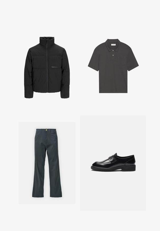 Schwarze Pufferjacke mit hohem Kragen, Front-Reißverschluss und gestepptem Design. Glattes Material mit dezentem Logo auf der Brust.; Dunkelgraues Poloshirt mit traditionellem Kragen, Drei-Knopf-Leiste, kurzen Ärmeln und einer linken Brusttasche. Glatte Stoffoberfläche.; Schwarze Hose mit geradem Bein, aus einem Baumwollmix. Verfügt über einen Metallknopfverschluss und seitliche Taschen. Keine sichtbaren Muster.; Zign LEATHER - Business-Slipper - black