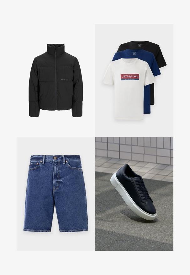 Schwarze Pufferjacke mit hohem Kragen, Front-Reißverschluss und gestepptem Design. Glattes Material mit dezentem Logo auf der Brust.; Drei übereinander gestapelte kurzärmelige Rundhals-T-Shirts in Weiß mit rotem und blauem Logo, Marineblau und Schwarz, auf weißem Hintergrund präsentiert.; Dunkelblaue Denim-Shorts im klassischen Schnitt mit einem Knopfverschluss, fünf Taschen und kontrastierenden orangen Nähten.; Schwarze Leder-Sneaker mit runder Zehenpartie und weißer Gummisohle. Verfügt über flache Schnürsenkel und minimale Nähte im Obermaterial. Strukturiertes Sohlenprofil für besseren Halt.