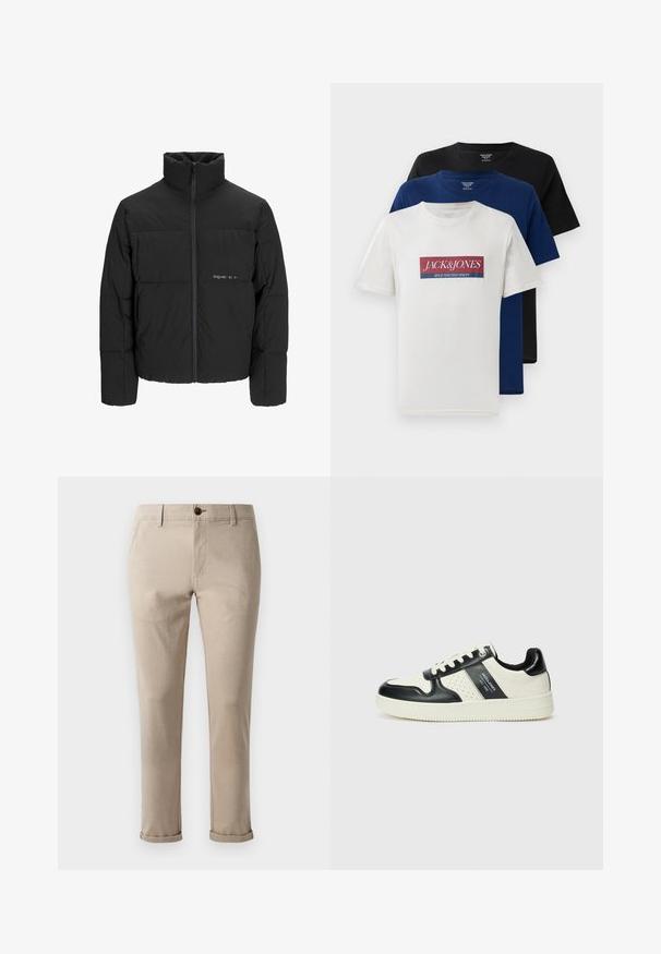 Zwarte pufferjas met een hoge kraag, ritssluiting aan de voorkant en een quilted design. Glad materiaal met een subtiel logo op de borst.; Drie gestapelde korte mouwen crew neck t-shirts in het wit met rood en blauw logo, marineblauw en zwart, weergegeven op een witte achtergrond.; Jack & Jones JPSTMARCO FURY - Chino - atmosphere; Leren sneakers met een zwart en crèmekleurig kleurenschema, voorzien van geperforeerde accenten, een gevoerde kraag en een gestructureerde buitenzool.