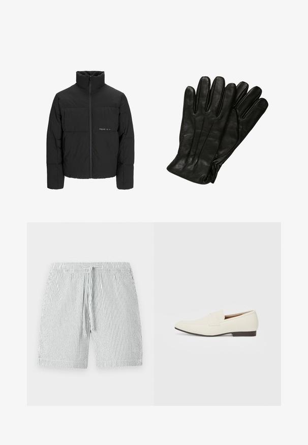 Schwarze Pufferjacke mit hohem Kragen, Front-Reißverschluss und gestepptem Design. Glattes Material mit dezentem Logo auf der Brust.; Weißes T-Shirt mit kurzen Ärmeln aus Baumwolle, mit einem schwarzen Grafikdesign auf der linken Brustseite, auf dem das Wort "Fresh" steht.; Gestreifte Badeshorts in Grau und Weiß, mit einem verstellbaren Bund, mittellanger Passform und weichem, leichtem Material.; Hellbeige Slipper mit spitzem Zehenbereich, glattem Material, einem Riemen über dem Vorderfuß und einer niedrigen braunen Sohle. Einfaches Design mit minimalen Akzenten.; Schwarze Lederhandschuhe mit glatter Textur, fünf Fingern und dezenten Nähdetails. Klassisches Design, geeignet für den Einsatz bei kaltem Wetter.
